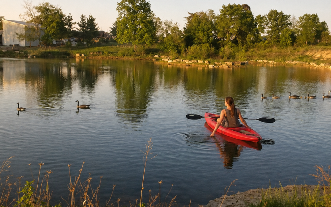 Guest relaxing in a red kayak on a peaceful pond surrounded by nature at a Missouri retreat, enjoying a quiet moment away from technology.