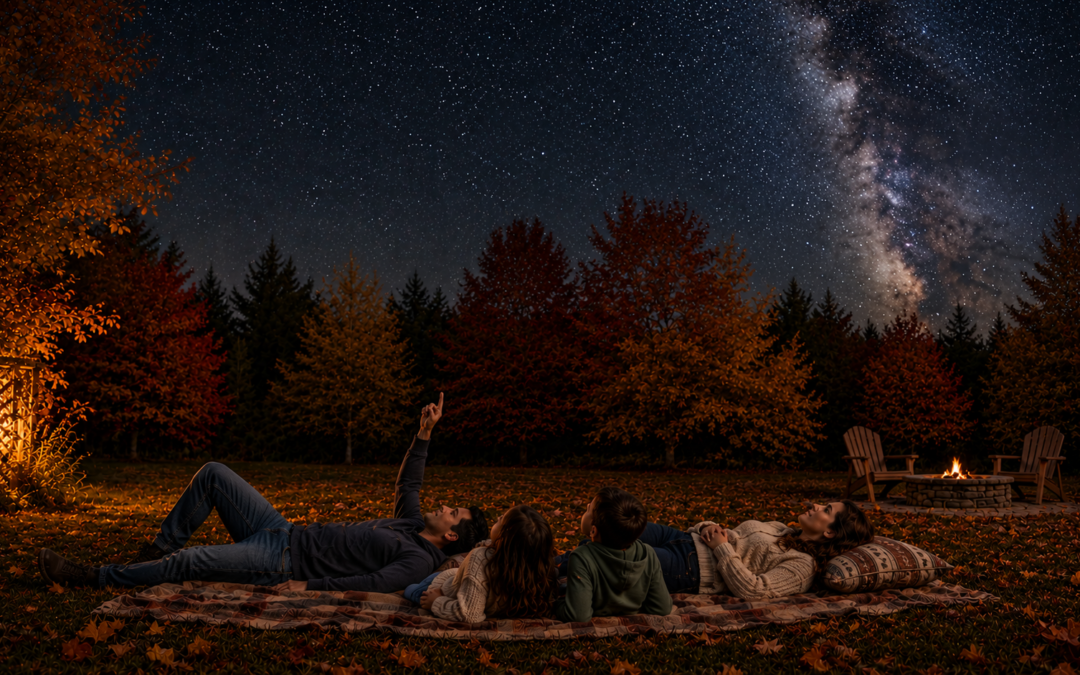 Brilliant stars shining above a peaceful Missouri retreat surrounded by nature and open countryside.